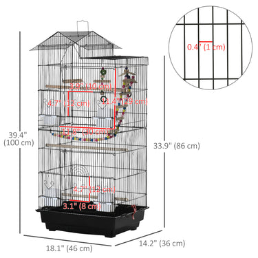 PawHut 39" Bird Cage for Budgie, Cockatiel, Conure, Small Birds, with Ladder, Swing, Toys, Perches, Tray, Feeding Bowls, Handle
