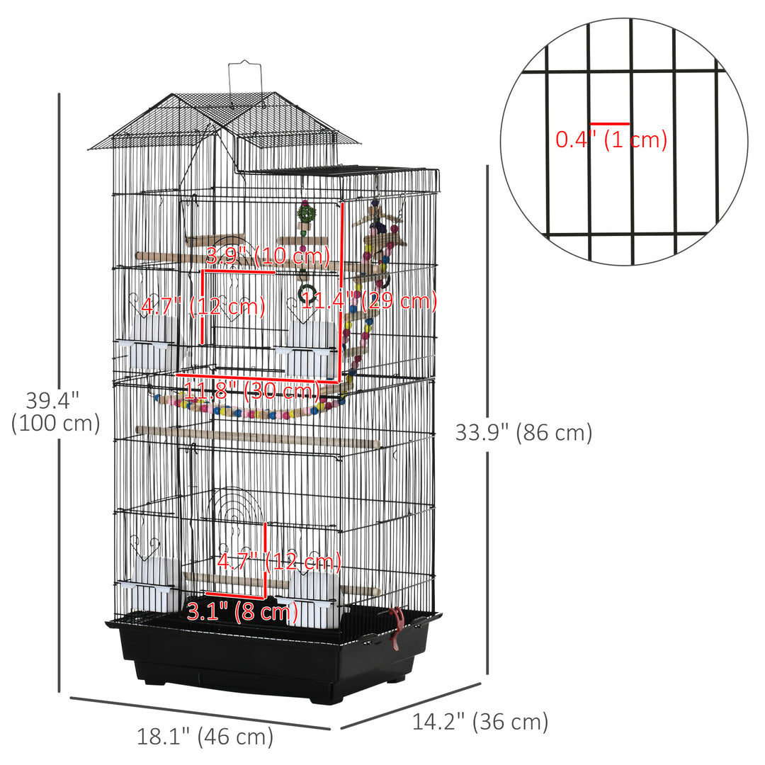PawHut 39" Bird Cage for Budgie, Cockatiel, Conure, Small Birds, with Ladder, Swing, Toys, Perches, Tray, Feeding Bowls, Handle