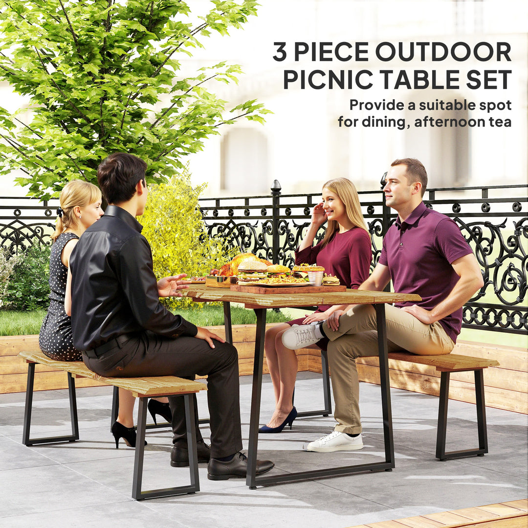 Outsunny Picnic Table and Bench Set for 6 Persons with 2" Umbrella Hole, Slatted Top & Steel Frame, for Party, BBQ, Patio, Lawn