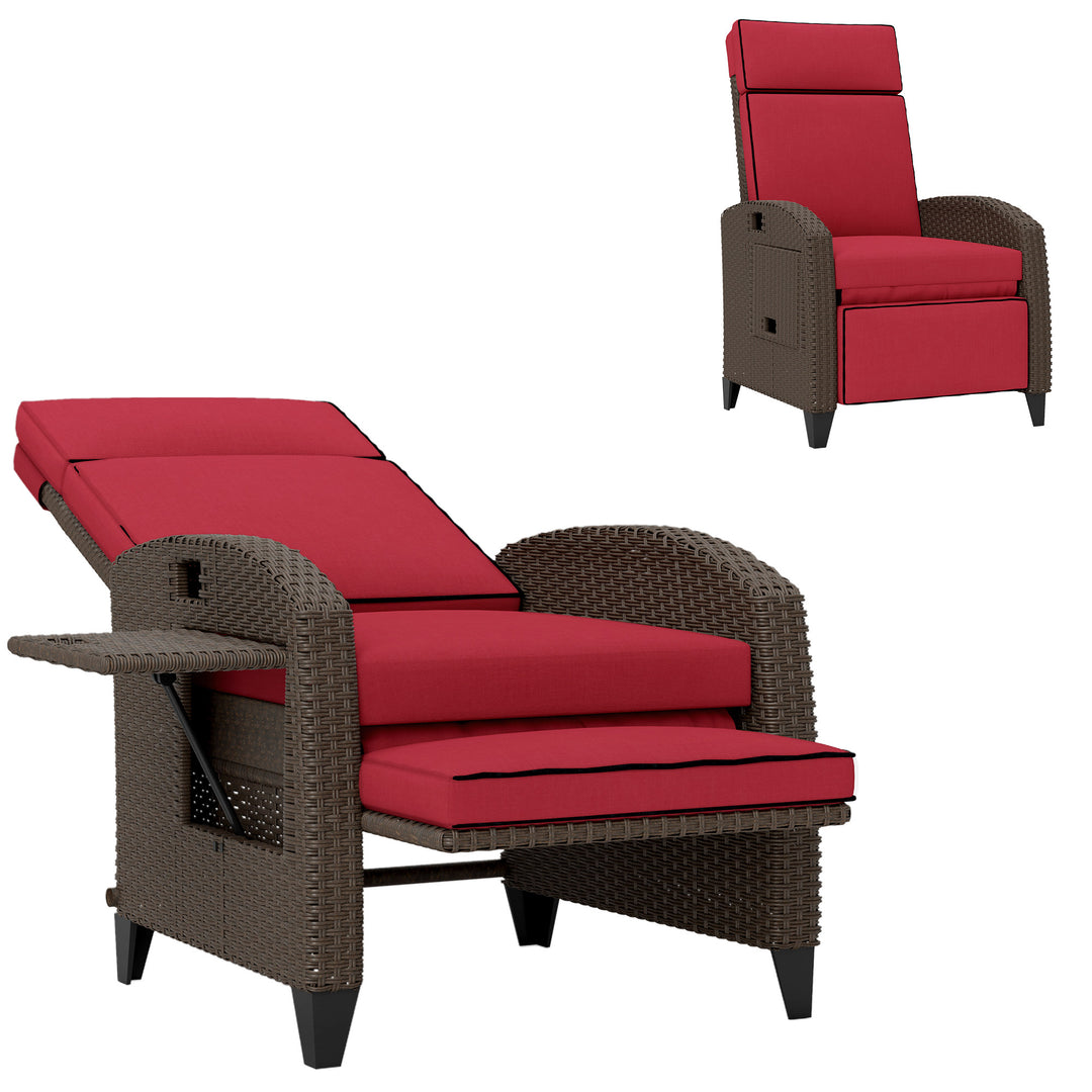 Outsunny Outdoor Recliner Chair with Adjustable Backrest, Cushion, Side Tray, Wine Red