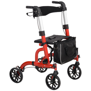 HOMCOM Rollator Walker for Seniors and Adults with 8'' Wheels, Padded Seat and Backrest,  Storage Bag Red