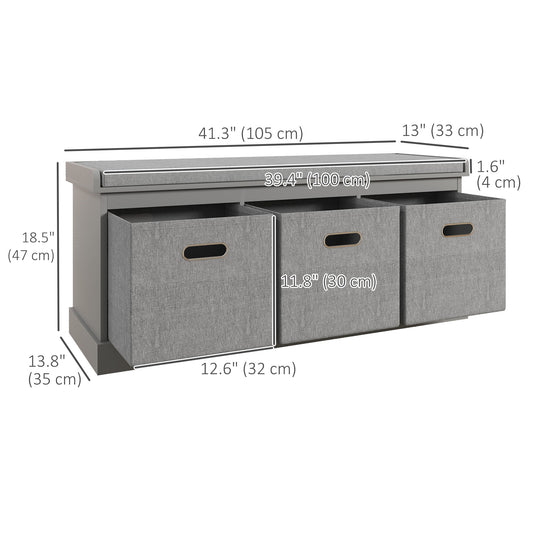HOMCOM Shoe Storage Bench with Seat, Entryway Bench Seat with Cushion, 3 Fabric Drawers for Hallway, Grey