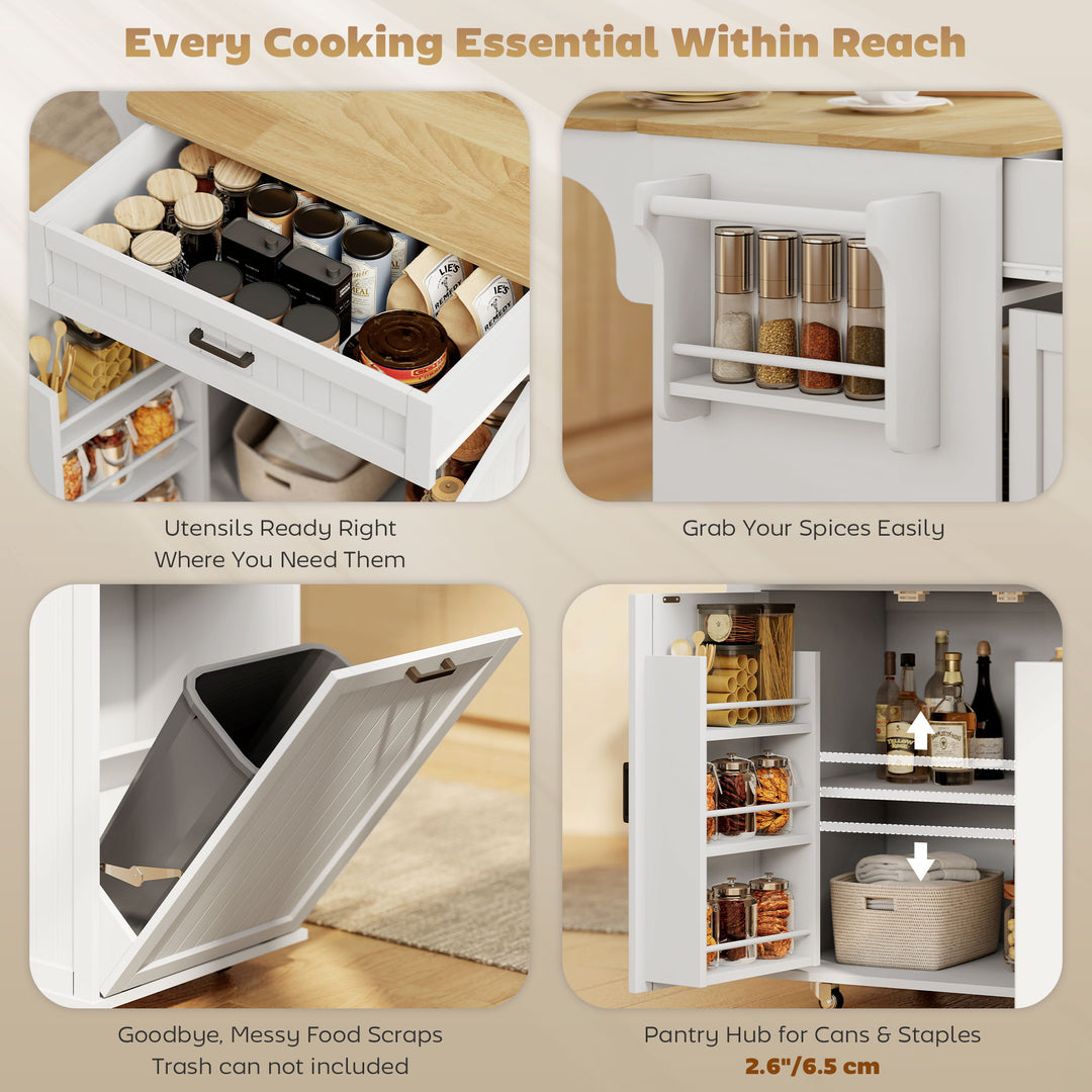 HOMCOM Kitchen Island Cart, Portable Kitchen Island Table with Charging Station, Rubber Wood Drop Leaf, Trash Storage, Black