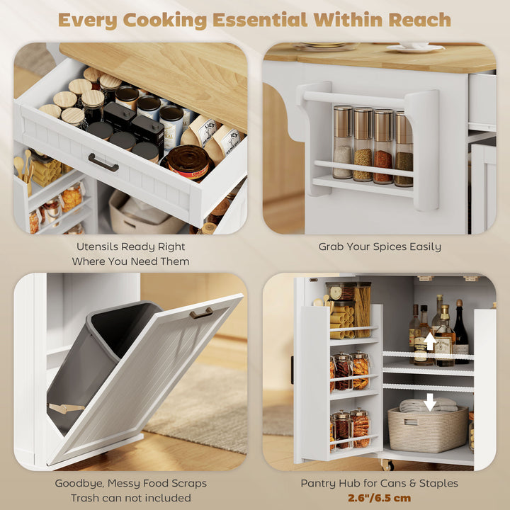 HOMCOM Kitchen Island Cart, Portable Kitchen Island Table with Charging Station, Rubber Wood Drop Leaf, Trash Storage, Black