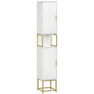 kleankin Tall Bathroom Storage Cabinet, Modern Narrow Bathroom Cabinet with Diamond Chevron Pattern and Adjustable Shelf, White
