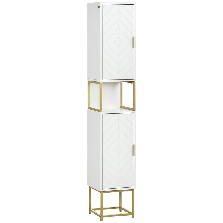 kleankin Tall Bathroom Storage Cabinet, Modern Narrow Bathroom Cabinet with Diamond Chevron Pattern and Adjustable Shelf, White