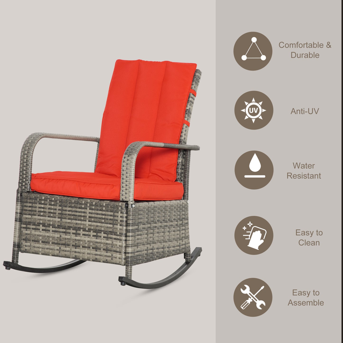 Outsunny Outdoor Wicker Rocking Chair with Cushion, Patio PE Rattan Recliner Chair with Adjustable Footrest, Armrests, Dark Blue