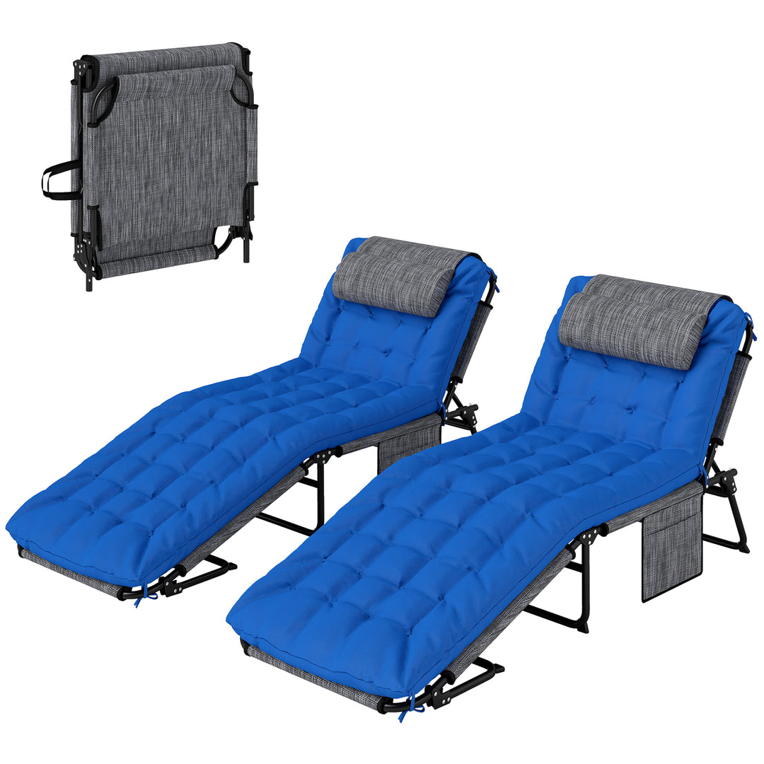 Outsunny 2 Pieces Folding Lounge Chairs with 4-level Reclining Back, Outdoor Tanning Chair with Cushion, Sun Lounger with Breathable Mesh Fabric, Side Pocket, Headrest, Blue