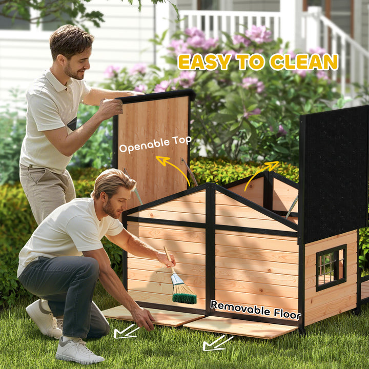 PawHut 59"x64"x39" Wood Dog House Outdoor Cabin-Style Elevated Pet Shelter with Porch Deck, Beige