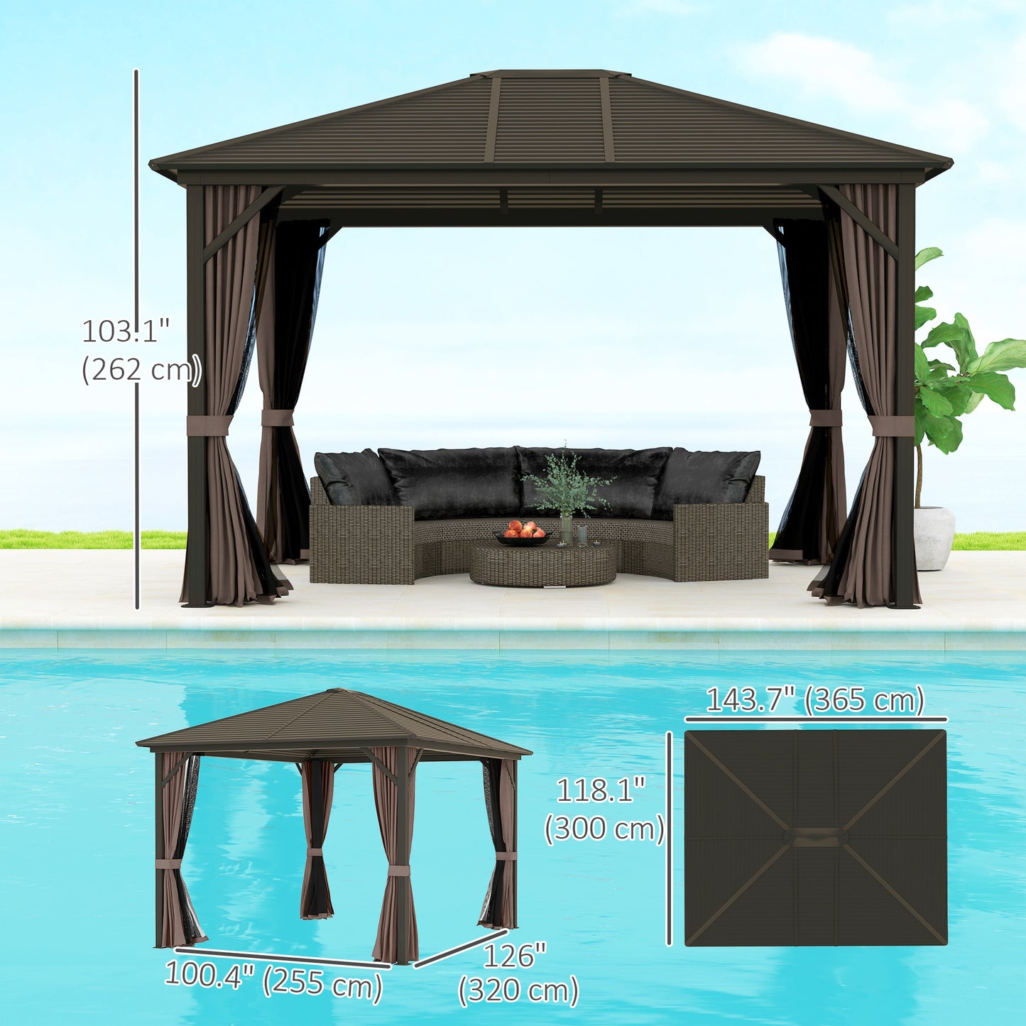 Outsunny 10' x 12' Deluxe Hardtop Gazebo Aluminum Frame Patio Gazebo Garden Sun Shelter Outdoor Pavilion, Coffee