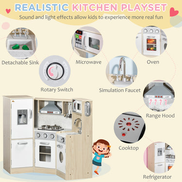 Qaba Wooden Play Kitchen with Lights Sounds, Corner Kids Kitchen Playset with Play Phone, Ice Maker, Microwave, Range Hood, Refrigerator, Utensils, Gift for Ages 3-6 Years Old, White