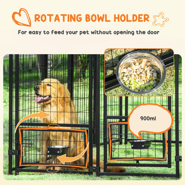 PawHut Outdoor Dog Kennel, Lockable Pet Playpen Crate, Welded Wire Steel Fence, Rotating Bowl Holders, Green