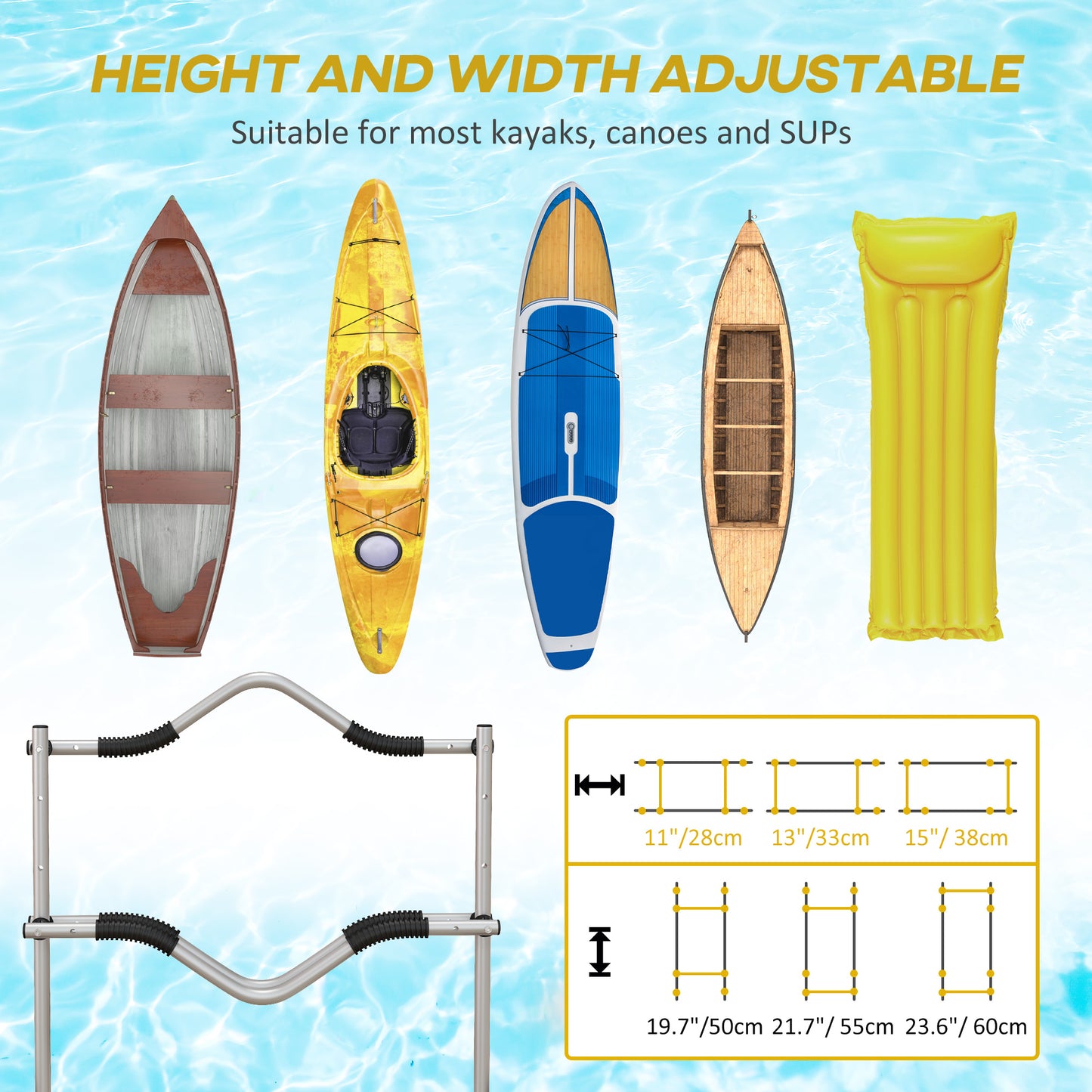 Soozier Freestanding Kayak Storage Rack with Adjustable Length, Heavy Duty Dual Kayak, SUP, Canoe, Paddleboard Rack for Indoor, Outdoor, Garage, Dock