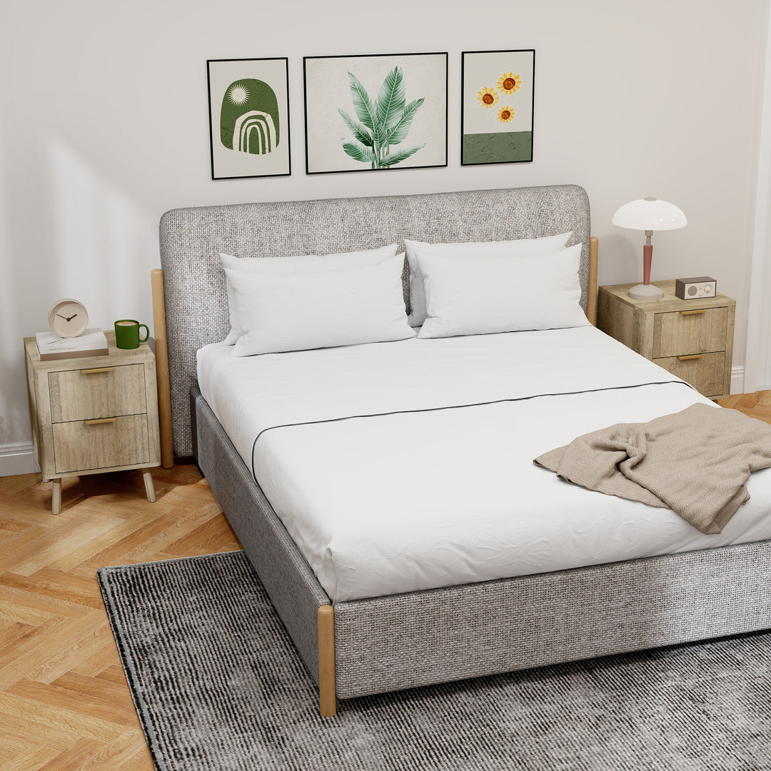 HOMCOM Night Stands Set of 2, Nightstands with Finger Pulls and Fluted Drawers, Bedside Tables with Round Edges, Oak