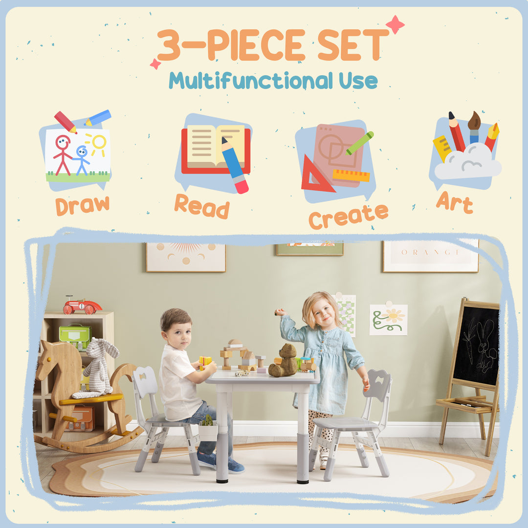 Qaba 3 Pieces Toddler Table and Chair Set, Height Adjustable Kids Table and Chair Set w/ Storage, for Playroom Grey