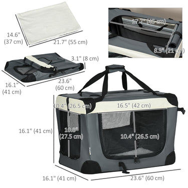 PawHut 24" Foldable Pet Carrier with Removable Mat, Breathable Mesh, Soft Side Pet Travel Crate for Cat & Miniature Dogs, Grey