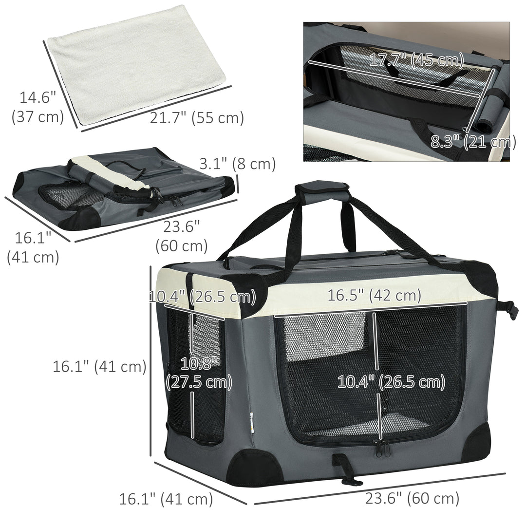PawHut 24" Foldable Pet Carrier with Removable Mat, Breathable Mesh, Soft Side Pet Travel Crate for Cat & Miniature Dogs, Grey