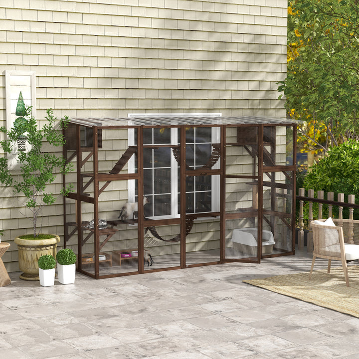 PawHut Large Outdoor Catio with Condos, Platforms, Doors, Ladders, Weather-Resistant Roof, Espresso