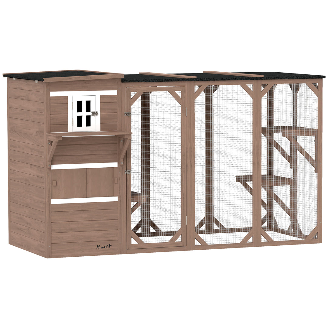 PawHut Wooden Cat Catio, 76"L Walk in Outdoor Cat House with Asphalt Roof, Platforms, Lockable Doors, 3-tier Resting Condo, Observation Window, for 2-3 Cats, Light Grey
