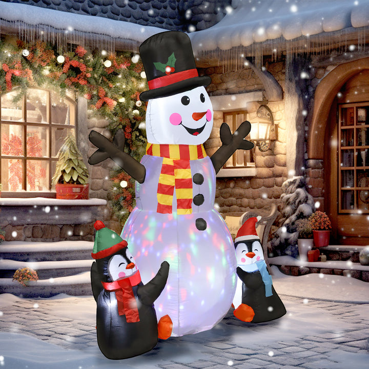 Outsunny 6FT Christmas Inflatables Snowman & Penguins with LED Lights and Flashing Projector Light, Blow Up Inflatable Decoration