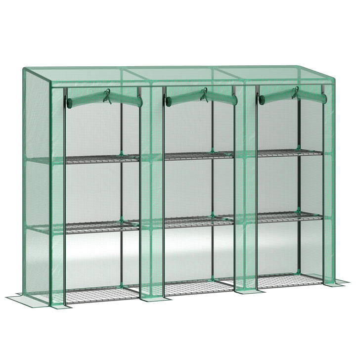 Outsunny Lean-to Greenhouse with 3 Tier Shelves, Mini Greenhouse with 3 Roll-Up Doors for Indoor Outdoor, Green