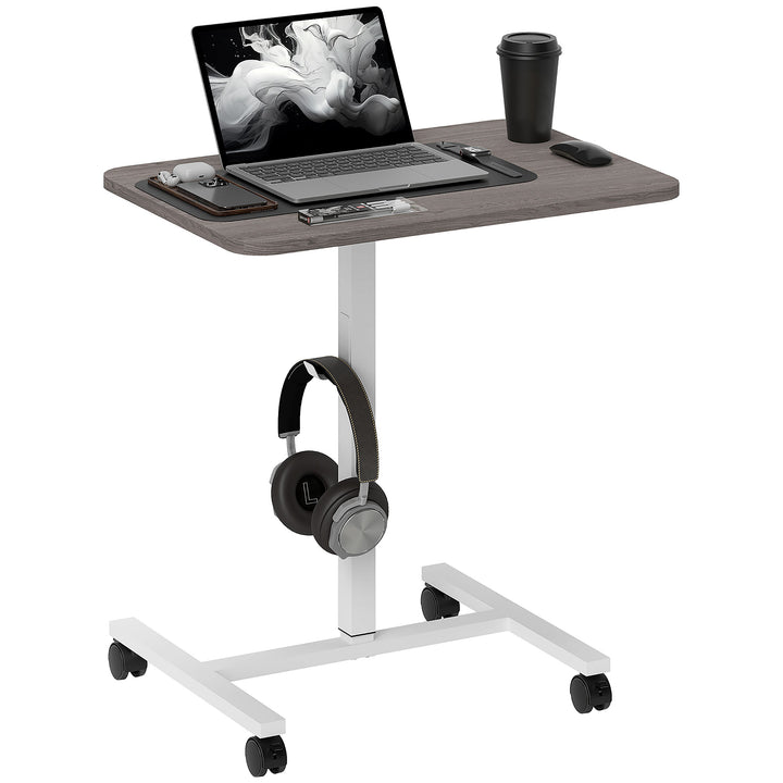 HOMCOM Height Adjustable Standing Desk, Pneumatic Sit Stand Desk with Wheels and Headphone Hook for Home Office, Natural