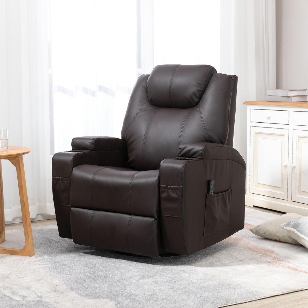 HOMCOM Massage Recliner Chair, Swivel Nursery Rocker Chair, Manual Reclining Sofa with 8 Vibration Points, PU Leather, Cup Holders, Side Pockets, for Living Room, Black