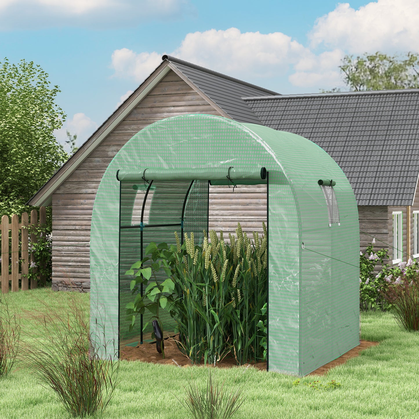 Outsunny Tunnel Greenhouse Walk-in Green House with UV-resistant PE Cover, Doors and Mesh Windows, 6' x 6' x 6.6', Green