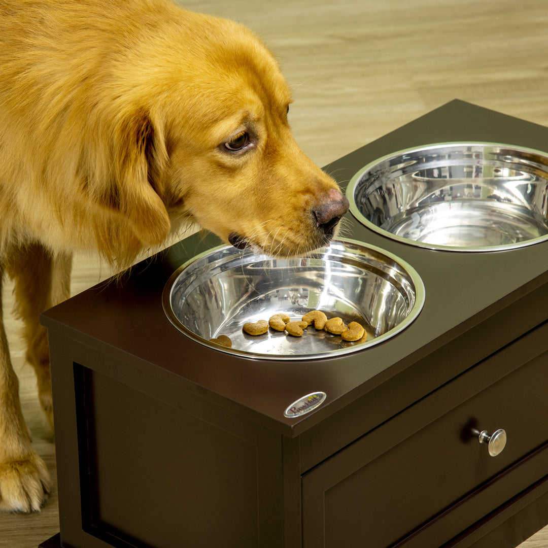 PawHut Elevated Dog Bowls with Storage Drawer for Large Dogs, Coffee