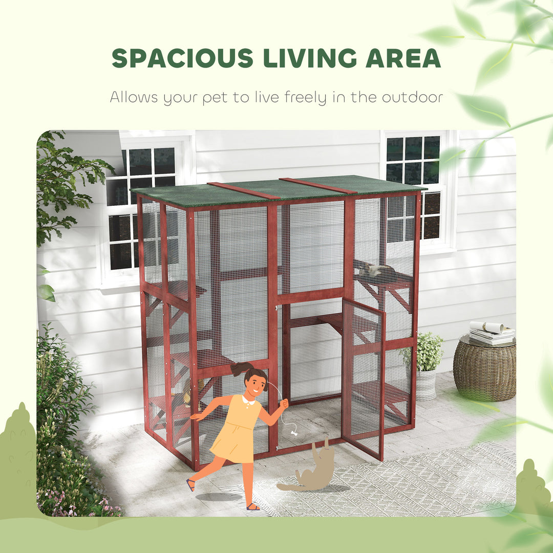 PawHut Large Outdoor Catio Enclosure, Weatherproof Cat House with Asphalt Roof,  Wooden Cat Patio Cage with 6 Balanced Platforms, 71" x 39" x 71", Grey