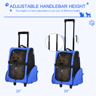 PawHut 2-IN-1 Pet Luggage Box Backpack Carrier Cats Dogs w/ Handle, Rolling Wheel Blue