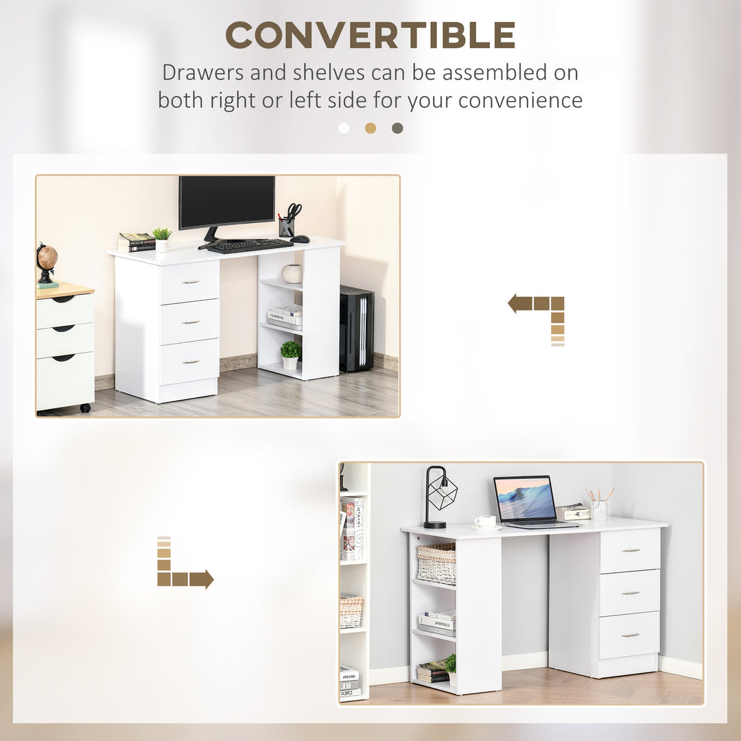 HOMCOM Computer Desk, 47" Writing Table with 3-Tier Shelves and 3 Reversible Drawers for Home Office, Bedroom, White