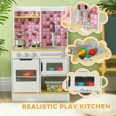 Qaba Play Kitchen Set for Kids, Kids Kitchen Playset with Realistic Lights & Sounds, Sink, Oven, Stove, White