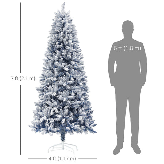 HOMCOM 7ft Flocked Blue Christmas Tree, Artificial Christmas Tree with Hinged Design, Faux Snow, for Home Office Holiday Xmas