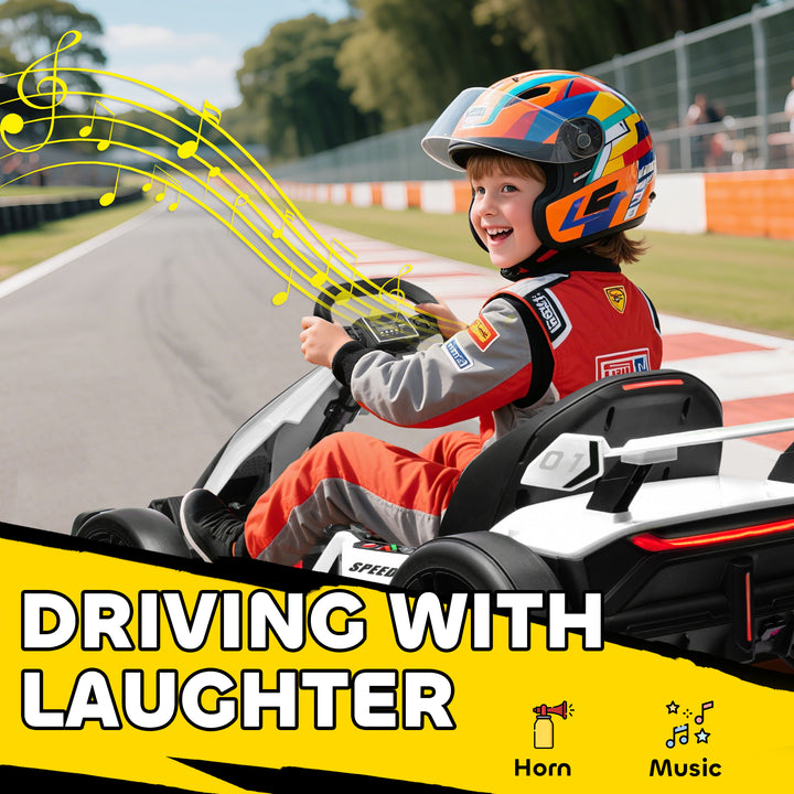 Aosom 24V Electric Go Kart, Battery Powered Kids Drift Kart with Adjustable Seat, Seat Belt, Horn, Music, Light, White