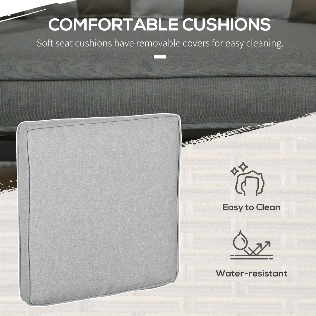 Outsunny 5 Piece PE Rattan Garden Furniture Set, 2 Armchairs,2 Stools, Steel Tabletop with Wicker Shelf, Padded Outdoor Seating, Khaki