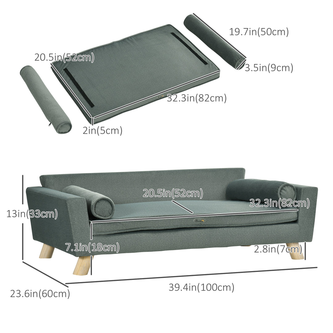 PawHut Dog Sofa Bed with Removable Pillows, Foam Pet Sofa Cat Sofa with Removable Washable Cushion, Water-resistant Fabric, for Medium and Large Dogs, Grey