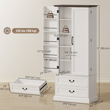 HOMCOM 72" LED Kitchen Pantry Cabinet, Buffet Storage Cabinet with 10 Door Shelves, 2 Drawers and Adjustable Shelves, White