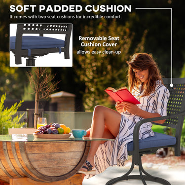 Outsunny 2 Pieces Patio Swivel Chairs with Cushion, Outdoor Swivel Rocker with Curved Armrests, Backrest for Garden, Balcony, Porch, Navy Blue