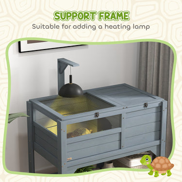 PawHut Wooden Tortoise House Habitat with Shelf, Light Support Frame, Tray for Indoor Use, 33" L x 20" W x 41" H