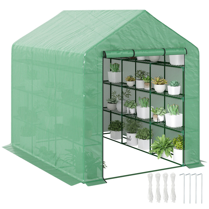 Outsunny 8' x 6' x 7' Portable Walk-In Greenhouse Hot House with 18 Shelves,  Water/UV Resistant Weather Cover, & Roll Up Door