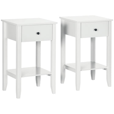 HOMCOM Side Table Set of 2, End Tables with Drawer and Bottom Shelf, 2-tier Nightstand for Bedroom, Living Room, White