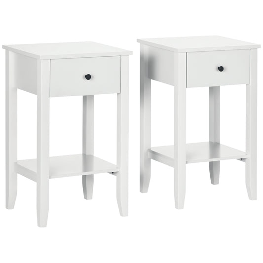 HOMCOM Side Table Set of 2, End Tables with Drawer and Bottom Shelf, 2-tier Nightstand for Bedroom, Living Room, White