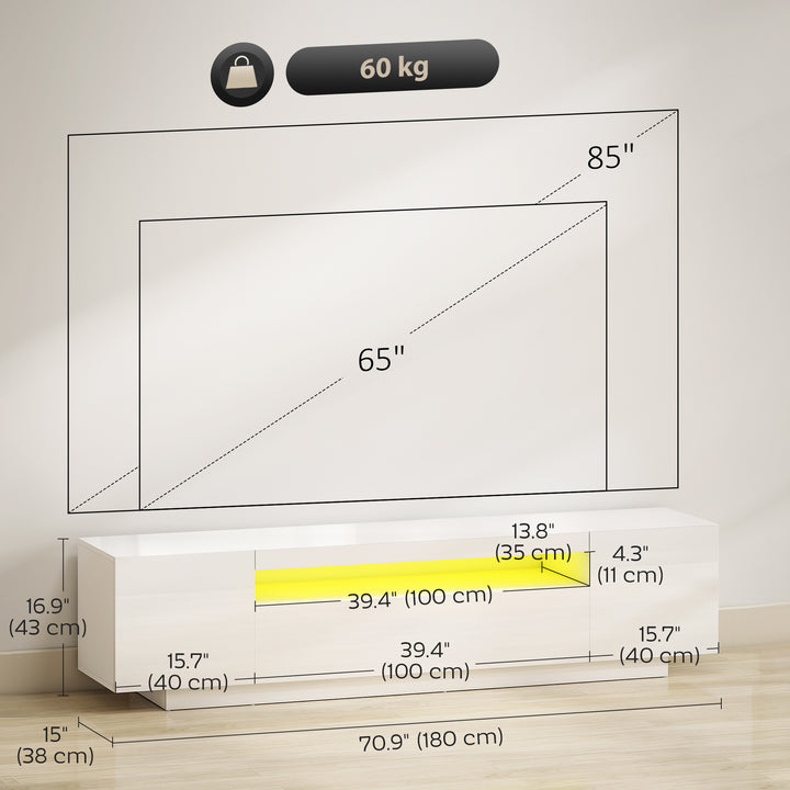 HOMCOM Entertainment Center with RGB LED Lights, TV Stand for 65-85 Inch TV, Modern TV Table for Living Room, High Gloss White