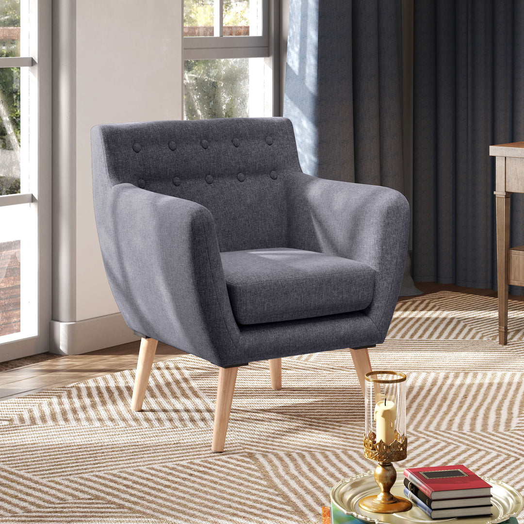 HOMCOM Linen Upholstery Armchair, Mid-Century Modern Accent Chair with Wood Frame and Thick Padding, Light Grey