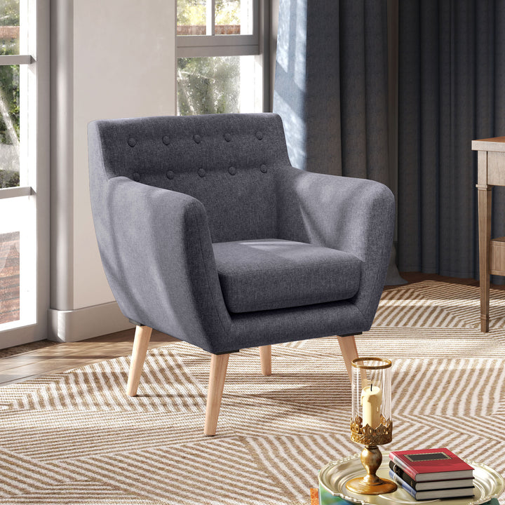 HOMCOM Linen Upholstery Armchair, Mid-Century Modern Accent Chair with Wood Frame and Thick Padding, Light Grey