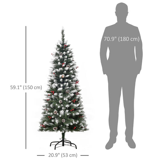 HOMCOM 5ft Decorated Christmas Tree with Red Berries and Pine Cones, Flocked Christmas Tree with Pencil Shape, Green