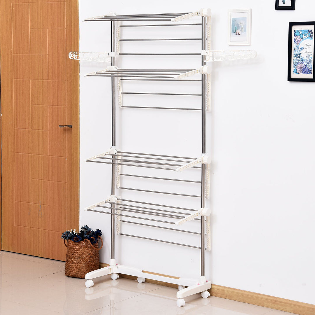 HOMCOM 4 Layers Folding Laundry Rack Stand Dryer Storage Towel Rack Rolling