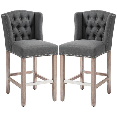 HOMCOM Counter Height Bar Stools Set of 2, Upholstered Bar Chairs with Nailhead Backrest and Footrest, Charcoal Grey