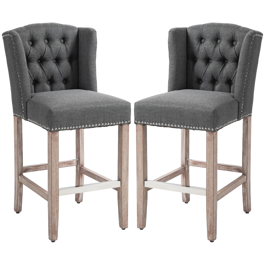 HOMCOM Counter Height Bar Stools Set of 2, Upholstered Bar Chairs with Nailhead Backrest and Footrest, Charcoal Grey